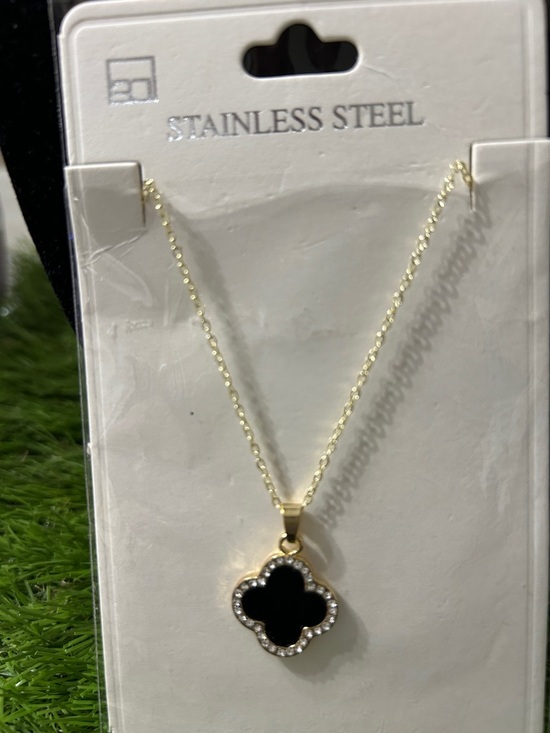 Stainless Steel Jewelry - Gold-Tone Stainless Steel Necklace with Black Clover Pendant